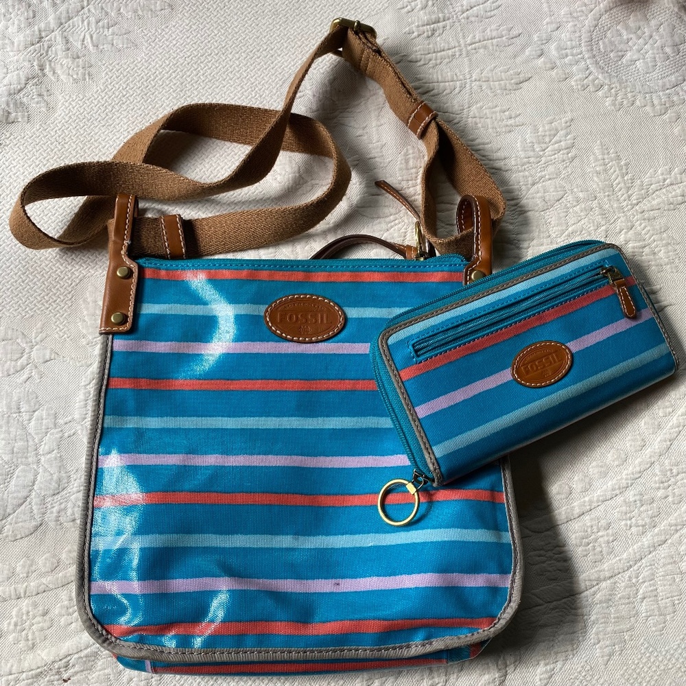 Fossil Crossbody Purse and Wallet Set Blue Stripe Waterproof Adjustable Strap